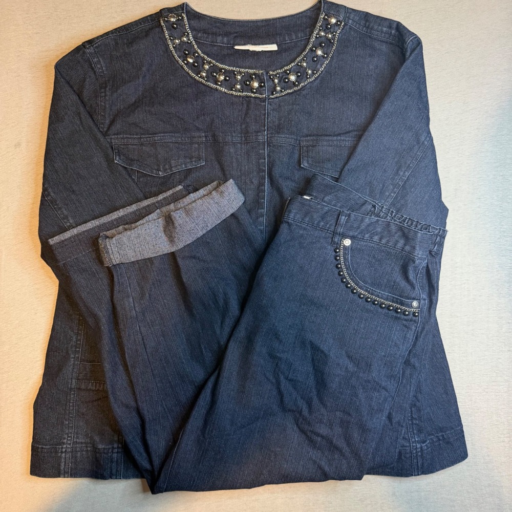 JM Collection Womens Denim 2 Piece Set Studded Jacket and Pants Indigo Blue L